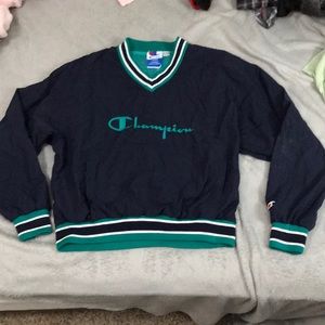 Champion 90s vintage windbreaker pullover. Navy blue with teal and white accents